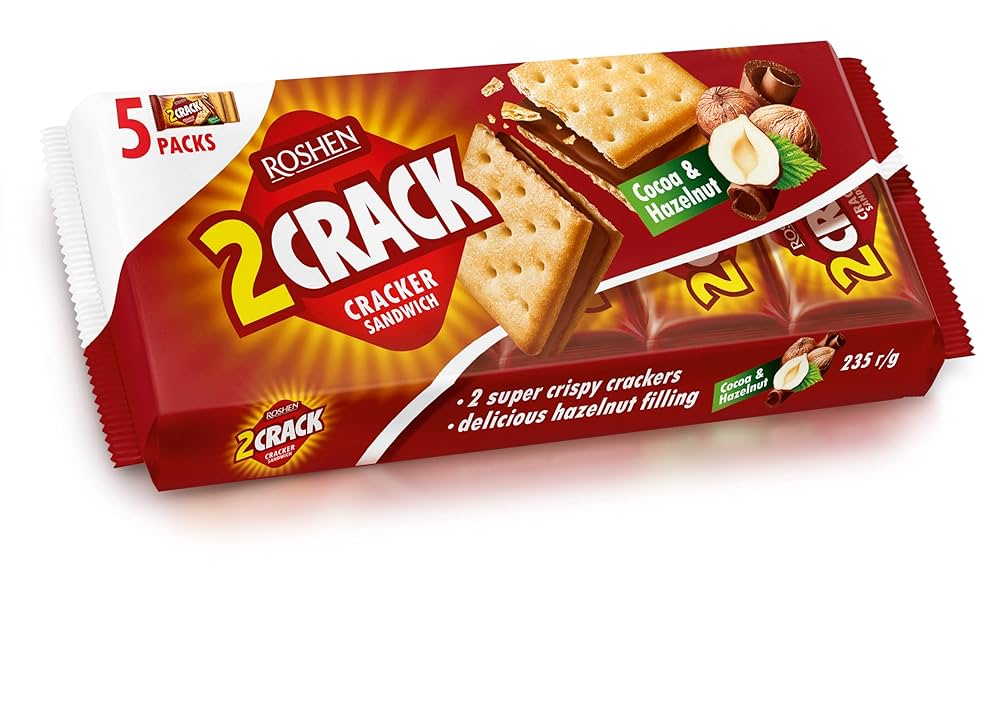 بیسکویت روشن با کرم کاکائو و فندق ۲۳۵ گرم اصلی Roshen 2 Crack بسته ۵ عددی